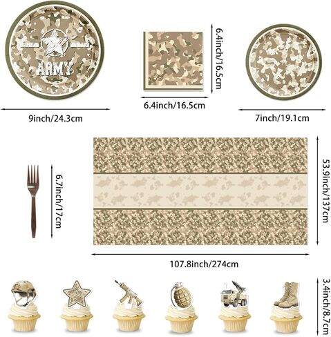 Army Birthday Party Decorations, Camo Party Decorations for 20 Guests with Banner, Balloons, Hanging Swirls, Tablecloths, Plates, Napkins, Forks, Cake Topper, Cupcake Toppers in Kuwait