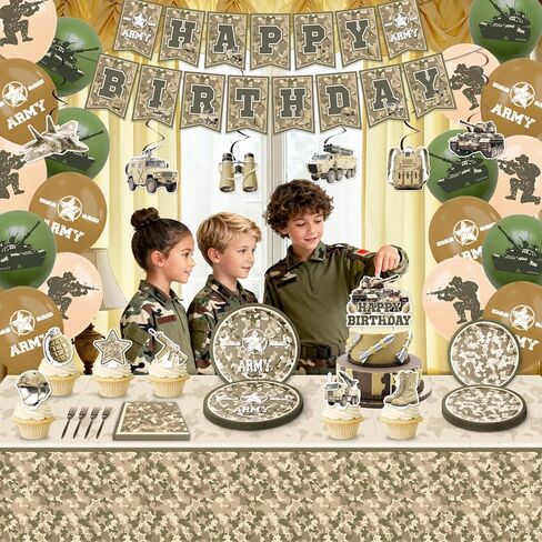 Army Birthday Party Decorations, Camo Party Decorations for 20 Guests with Banner, Balloons, Hanging Swirls, Tablecloths, Plates, Napkins, Forks, Cake Topper, Cupcake Toppers in Kuwait
