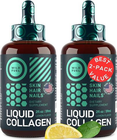 Liquid Collagen Peptides with Biotin - Youthful Skin, Hair Growth, Strong Nails and Bones, Flexible Joints Support Drops - 10,000mcg Collagen Liquid for Women and Men, 5,000mcg Biotin - Lemon - 2x2oz in Kuwait