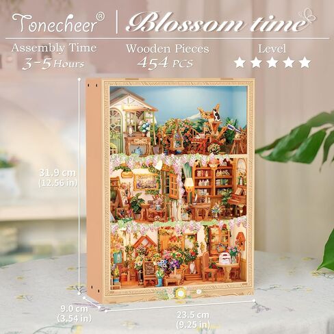 Tonecheer DIY Miniature House Kit، Book Nook Dollhouse Story Frame Kit لغز خشبي ثلاثي الأبعاد، نموذج ديوراما ديكور قابل للتركيب على الحائط مع غطاء غبار ومصباح LED كهدية مثالية - وقت الزهر in Kuwait