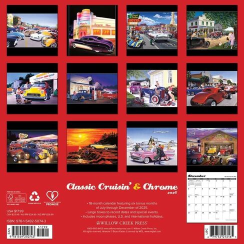 Willow Creek Press, Classic Cruisin and Chrome 2026 Wall Calendar, 12'' X 12'', 18-Month Calendar with Stapled Binding in Saudi Arabia