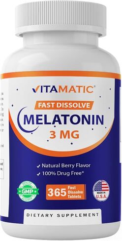Vitamatic Melatonin 3mg Tablets | Vegetarian, Non-GMO, Gluten Free | 1 Year Supply | Natural Berry Flavor - 365 Tablets in Saudi Arabia