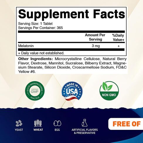 Vitamatic Melatonin 3mg Tablets | Vegetarian, Non-GMO, Gluten Free | 1 Year Supply | Natural Berry Flavor - 365 Tablets in Saudi Arabia