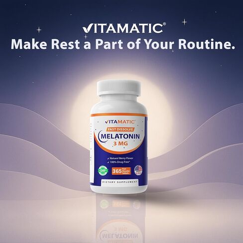 Vitamatic Melatonin 3mg Tablets | Vegetarian, Non-GMO, Gluten Free | 1 Year Supply | Natural Berry Flavor - 365 Tablets in Saudi Arabia