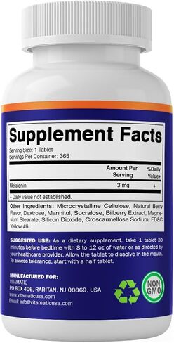 Vitamatic Melatonin 3mg Tablets | Vegetarian, Non-GMO, Gluten Free | 1 Year Supply | Natural Berry Flavor - 365 Tablets in Saudi Arabia