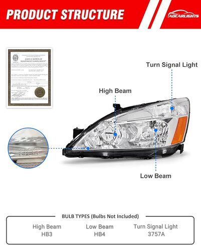 Headlight Assembly for Honda 2003-2007 Accord 2/4dr / 03 04 05 06 07 Accord Headlamp Clear Lens Chrome Housing with Amber Reflector Replacement Left and Right Pair in Saudi Arabia