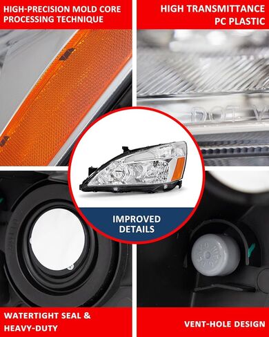Headlight Assembly for Honda 2003-2007 Accord 2/4dr / 03 04 05 06 07 Accord Headlamp Clear Lens Chrome Housing with Amber Reflector Replacement Left and Right Pair in Saudi Arabia