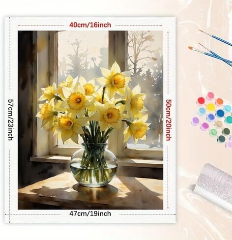 DecorFriday Still Life Paint by Numbers Kit for Adults - DIY Yellow Daffodils in Vase by Window Painting on Canvas 16x20 Inches, Acrylic Paint Set, Suitable for Beginners, Art for Home or Gift in Saudi Arabia