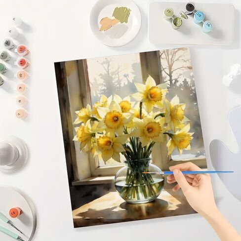 DecorFriday Still Life Paint by Numbers Kit for Adults - DIY Yellow Daffodils in Vase by Window Painting on Canvas 16x20 Inches, Acrylic Paint Set, Suitable for Beginners, Art for Home or Gift in Saudi Arabia