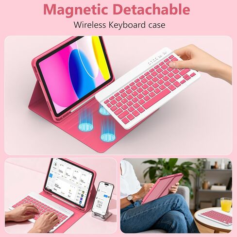 iPad 10th Generation Case with Keyboard (10.9", 2022),iPad Keyboard Case for 10.9" 10th Gen, Detachable - Pencil Holder - Flip Stand Cover - Keyboard Case for Latest iPad 10th Gen Pink in Kuwait