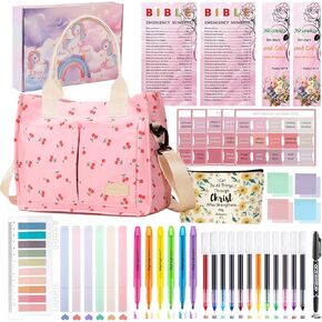 مجموعة مذكرات الكتاب المقدس FGRKXCV مع حقائب كبيرة وحقيبة أقلام للنساء، وإكسسوارات الكتاب المقدس مع الأقلام وعلامات التبويب والإشارات المرجعية ولوازم دراسة الكتاب المقدس (وردي) in Kuwait