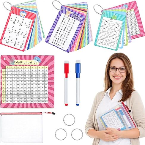 31 Pcs Multiplication Flash Cards Times Table Flash Cards, Math Problems from Easy to Hard, Multiplication Chart with 2 Dry Erase Markers 3 Rings Math Flashcards for 1st to 3rd Grades in Kuwait