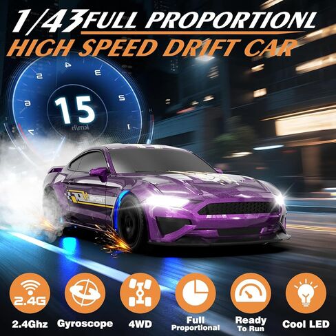سيارة انجراف RC بمقياس 1/43 سيارات انجراف صغيرة تعمل بالتحكم عن بعد مع جيروسكوب، سيارة دفع رباعي كاملة النسبية عالية السرعة بجهاز تحكم عن بعد مع أضواء LED وسيارات سباق هواية الإطارات المنجرفة للأطفال الأولاد والبنات، أرجواني in Kuwait