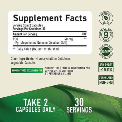 PQQ Supplement 20mg | Mitochondrial Biogenesis & Energy Optimizer With CoQ10 & Vitamin B12 | Supports Brain Health & Mitochondria Production | Ultra PQQ Formula | Vegan, Gluten-Free | 60 Capsules in Kuwait