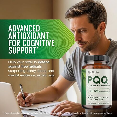 PQQ Supplement 20mg | Mitochondrial Biogenesis & Energy Optimizer With CoQ10 & Vitamin B12 | Supports Brain Health & Mitochondria Production | Ultra PQQ Formula | Vegan, Gluten-Free | 60 Capsules in Kuwait
