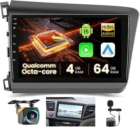 راديو ستيريو للسيارة 2+64G Android 13 CarPlay لسيارة Honda Civic 2012-2015 (LHD)، شاشة لمس عالية الدقة 9 بوصة متوافقة مع Android Auto، كاميرا احتياطية AHD، وصلة مرآة، GPS، WiFi، FM RDS in Kuwait