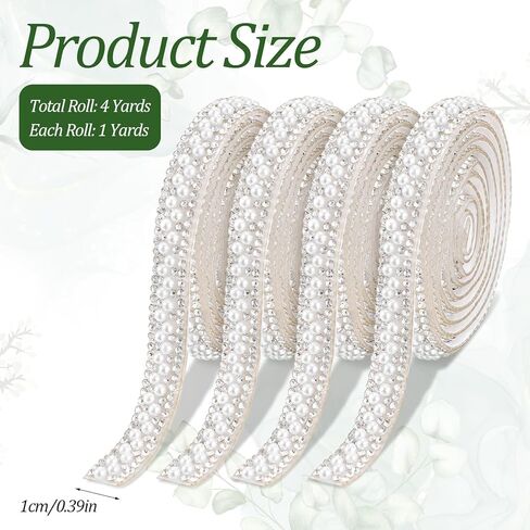 DOPENPSI 4Roll Pearl Ribbon, 4 Yards Self Adhesive Pearl Rhinestone Ribbon Pearls Trim Crystal Pearls Strips Bling Stickers PearlsTape for DIY Crafts Wedding Birthday Party Decor in Saudi Arabia