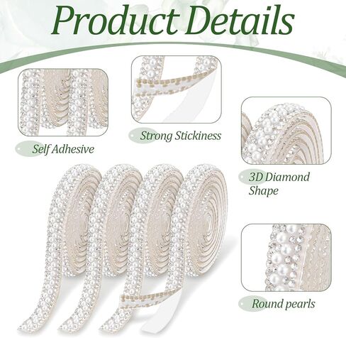 DOPENPSI 4Roll Pearl Ribbon, 4 Yards Self Adhesive Pearl Rhinestone Ribbon Pearls Trim Crystal Pearls Strips Bling Stickers PearlsTape for DIY Crafts Wedding Birthday Party Decor in Saudi Arabia