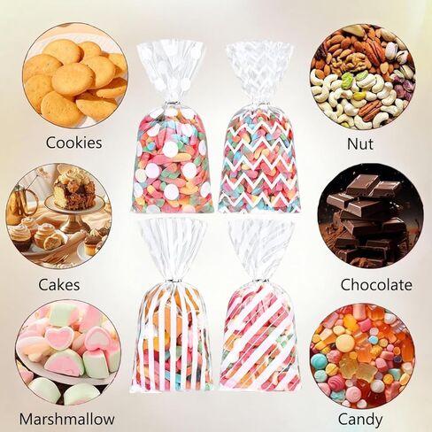 Capesaro 50 قطعة 10.6 × 5.1 باللون الأبيض أكياس علاج السيلوفان حقيبة هدايا الحلوى مع أربطة ملتوية خطوط بولكا دوت مطبوعة نمط حقيبة جودي لحفلات أعياد الميلاد وحفلات الزفاف in Kuwait