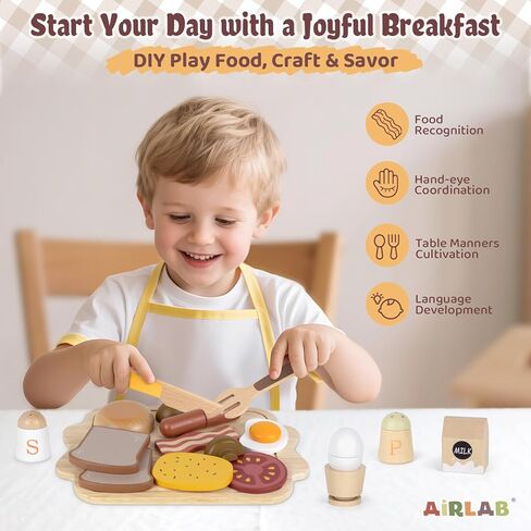 airlab لعبة الغذاء للطفل 3-5 التظاهر اللعب الاطفال مطبخ Playset الإفطار قطع الطعام فتاة صبي هدية عيد ميلاد سن 3 4 5 6 سنوات من العمر الخشب الألعاب التعليمية اكسسوارات المطبخ in Kuwait