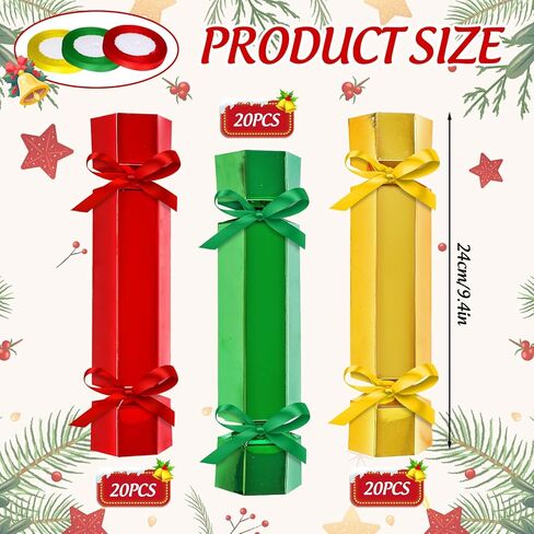 Whaline 60 Packs Christmas No-Snap Party Table Favors DIY Red Green Gold Color Christmas Paper Cracker Candy Boxes with Ribbon for Xmas Gift Stocking Stuffers Holiday Party Dinner Traditions Decor in Saudi Arabia
