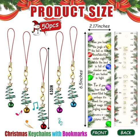 50 Sets Christmas Jingle Bell Tree Keychains Bulk with Christmas Bookmarks, Santa's Sleigh Bell Bookmarks for Kids Student End of Year Party Favor, Holiday Stocking Stuffer, Classroom Gift in Saudi Arabia