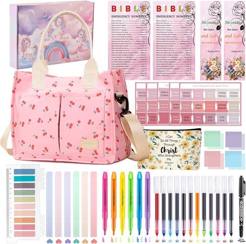 مجموعة مذكرات الكتاب المقدس FGRKXCV مع حقائب كبيرة وحقيبة أقلام للنساء، وإكسسوارات الكتاب المقدس مع الأقلام وعلامات التبويب والإشارات المرجعية ولوازم دراسة الكتاب المقدس (وردي) in Kuwait