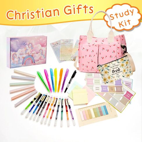 مجموعة مذكرات الكتاب المقدس FGRKXCV مع حقائب كبيرة وحقيبة أقلام للنساء، وإكسسوارات الكتاب المقدس مع الأقلام وعلامات التبويب والإشارات المرجعية ولوازم دراسة الكتاب المقدس (وردي) in Kuwait