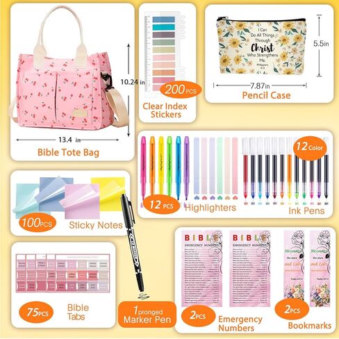 مجموعة مذكرات الكتاب المقدس FGRKXCV مع حقائب كبيرة وحقيبة أقلام للنساء، وإكسسوارات الكتاب المقدس مع الأقلام وعلامات التبويب والإشارات المرجعية ولوازم دراسة الكتاب المقدس (وردي) in Kuwait