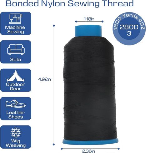 Heavy Duty Bonded Nylon 66 Sewing Thread 280D/3#92 T90 1200Yards for Canvas Furniture Upholstery Leather Goods Leather Footwear Outdoors (Black) in Saudi Arabia