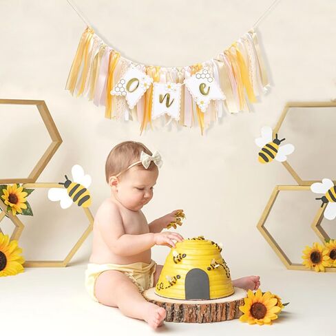 Bee One High Chair Banner Yellow - Bee for 1st Birthday Highchair Banner, Beehive Theme Birthday Party Supplies, Sweet One Party Decorations, Daisy First Photo Props (Beehive Garland Yellow) in Saudi Arabia