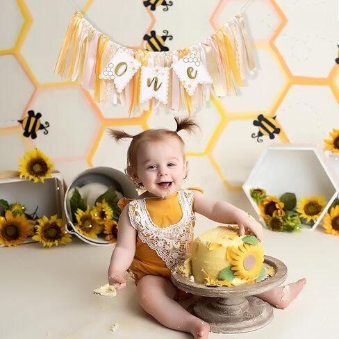 Bee One High Chair Banner Yellow - Bee for 1st Birthday Highchair Banner, Beehive Theme Birthday Party Supplies, Sweet One Party Decorations, Daisy First Photo Props (Beehive Garland Yellow) in Saudi Arabia