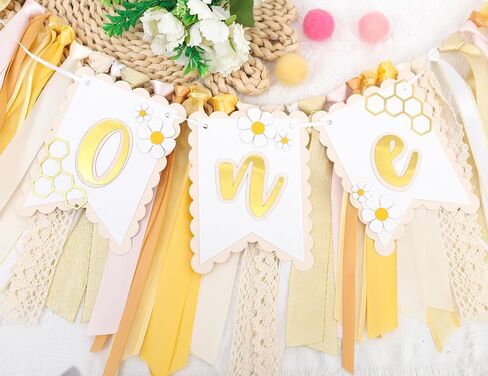 Bee One High Chair Banner Yellow - Bee for 1st Birthday Highchair Banner, Beehive Theme Birthday Party Supplies, Sweet One Party Decorations, Daisy First Photo Props (Beehive Garland Yellow) in Saudi Arabia