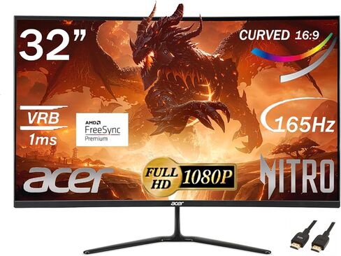 Acer Nitro ED-Series 23.6 FHD 1500R Curved Gaming Monitor, AMD FreeSync Premium, 165Hz Refresh Rate, 1ms (VRB), 1920 x 1080, ZeroFrame Design, Black, with 5ave HDMI Cable in Saudi Arabia