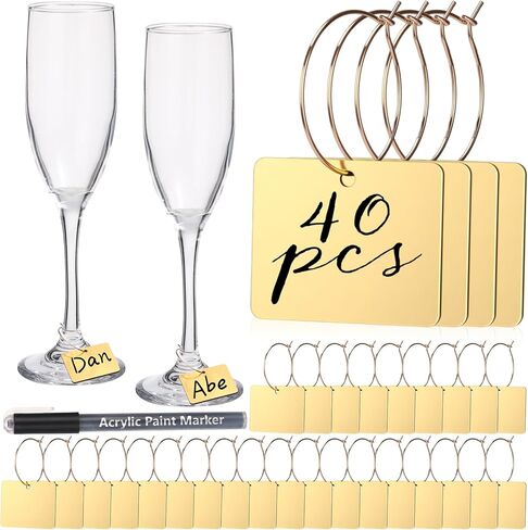 Tondiamo 40 PCS DIY نبيذ سحر للنظارات سحر النبيذ الأكريليك مع خواتم علامات علامة قلم فارغة ملصقات زجاجية كبيرة للنظارات الجذعية كوكتيل شمبانيا حفل زفاف in Kuwait