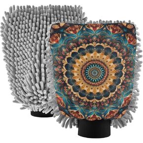 AIXIWAWA Car Wash Mitt Washing Glove Scratch Free Water Absorbent 2 Pack Medium Floral Mandala Print in Kuwait