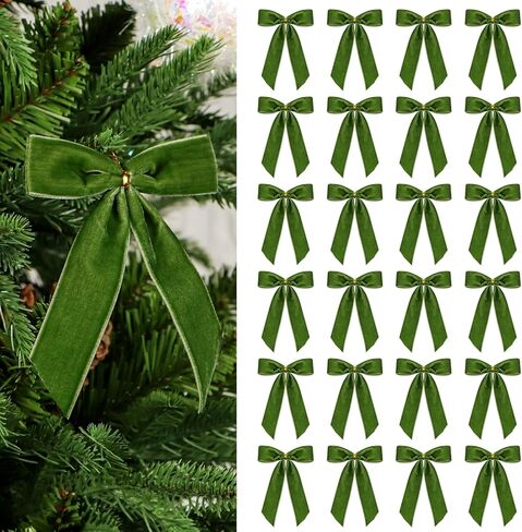 24Pcs Small Velvet Ribbon Bows for Christmas Tree Ornaments, Premade Twist Tie Bows for Treat Bags Bottles, Vintage Xmas Wreath Bow for Gift Wrapping Decor, 1" Width, 3.5 x 4.3 Inch (Forest Green) in Saudi Arabia