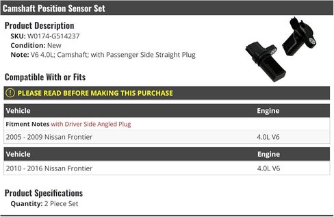 Camshaft Position Sensor 2 Piece Set - Compatible with 2005-2016 Nissan Frontier 4.0L V6 (with Passenger Side Straight Plug) in Saudi Arabia