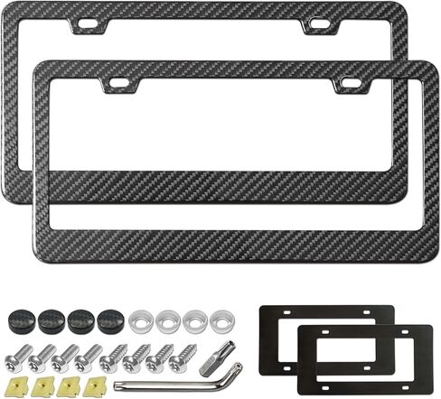 Aootf Carbon Fiber License Plate Frames- 100% Real Carbon Cloth Wrapped Stainless Steel Car Tag Holder, 2 Pack Slim Edge Black Covers with Anti Theft Screws Caps, 4 Hole in Saudi Arabia