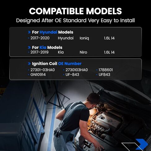 ملفات الإشعال UF843 متوافقة مع Hyundai Ioniq G4 17-20، متوافقة مع Kia Niro 17-19، 1.6L l4- تحل محل 27301-03HA0، 2730103HA0، 1788601، GN10914، UF-843 (4 قطع) in Saudi Arabia