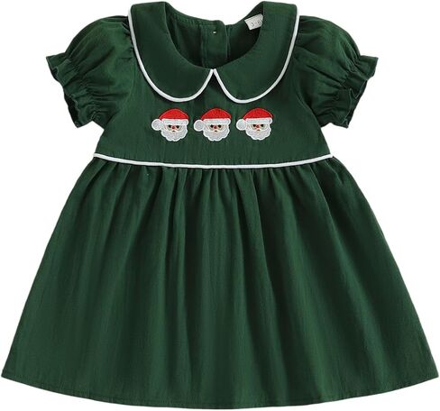 Toddler Infant Baby Girl Christmas Outfit Short Sleeve Doll Collar Santa Embroidery Smocked Dress Fall Xmas Outfit in Saudi Arabia