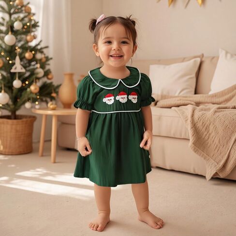 Toddler Infant Baby Girl Christmas Outfit Short Sleeve Doll Collar Santa Embroidery Smocked Dress Fall Xmas Outfit in Saudi Arabia