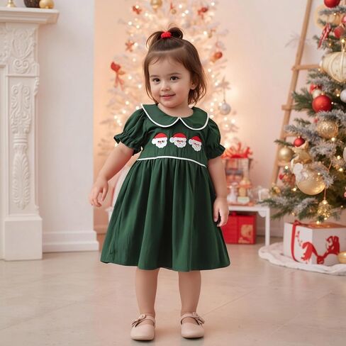Toddler Infant Baby Girl Christmas Outfit Short Sleeve Doll Collar Santa Embroidery Smocked Dress Fall Xmas Outfit in Saudi Arabia