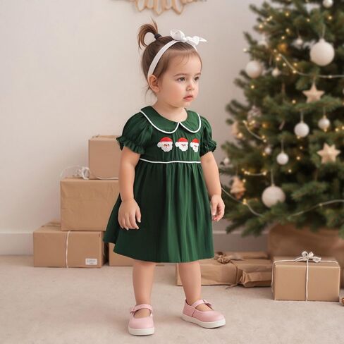 Toddler Infant Baby Girl Christmas Outfit Short Sleeve Doll Collar Santa Embroidery Smocked Dress Fall Xmas Outfit in Saudi Arabia