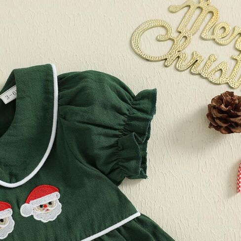 Toddler Infant Baby Girl Christmas Outfit Short Sleeve Doll Collar Santa Embroidery Smocked Dress Fall Xmas Outfit in Saudi Arabia