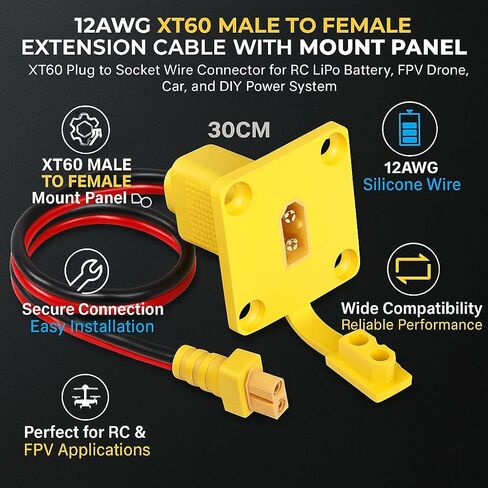 كابل تمديد 12AWG XT60 ذكر إلى أنثى مع لوحة تركيب، قابس XT60 إلى موصل سلك المقبس لبطارية ليبو RC، طائرة بدون طيار FPV، السيارة، ونظام الطاقة DIY (30 سم) in Kuwait