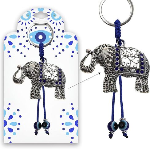 Elephant Keychain w/Blue Crystals and Hanging Evil Eye Tassel Sign of Good Luck and Blessing Home Keys and Office Bag Decorative Car Ornaments for Rear View Mirror Accessories in Saudi Arabia