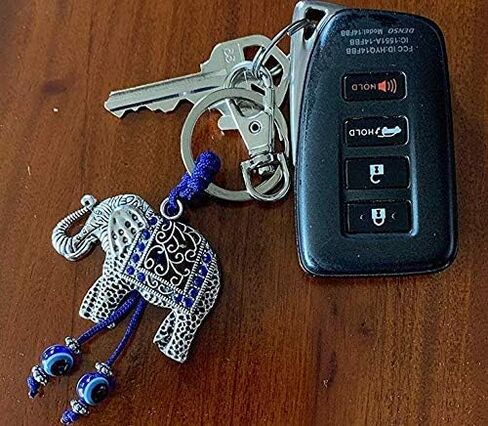 Elephant Keychain w/Blue Crystals and Hanging Evil Eye Tassel Sign of Good Luck and Blessing Home Keys and Office Bag Decorative Car Ornaments for Rear View Mirror Accessories in Saudi Arabia