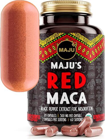 كبسولات جذر الماكا 4 في 1 من Maju Superfoods، جذور عضوية سوداء وصفراء وحمراء مع مستخلص الفلفل الأسود للامتصاص (120 قيراط) | منتج بيرو، مسحوق بيرو، مكمل غذائي للرجال والنساء، 60.000 ملغ in Kuwait