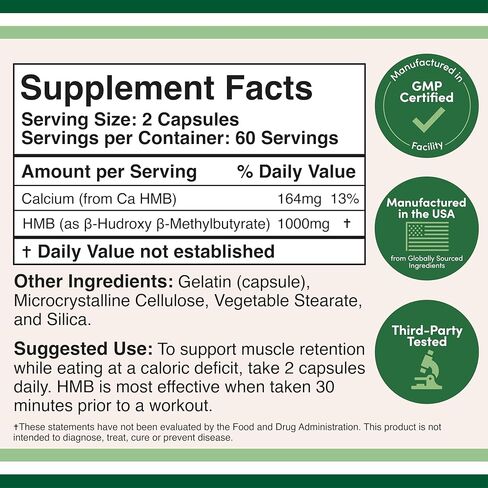HMB Supplement, Third Party Tested, Made in USA, 120 Capsules, 1000mg per Serving, 500mg per Capsule. in Saudi Arabia